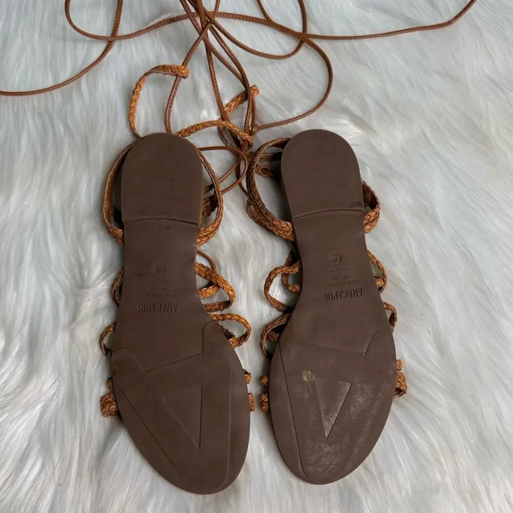 Anacapri Tan Braided Leather Ankle Wrap Gladiator Sandals